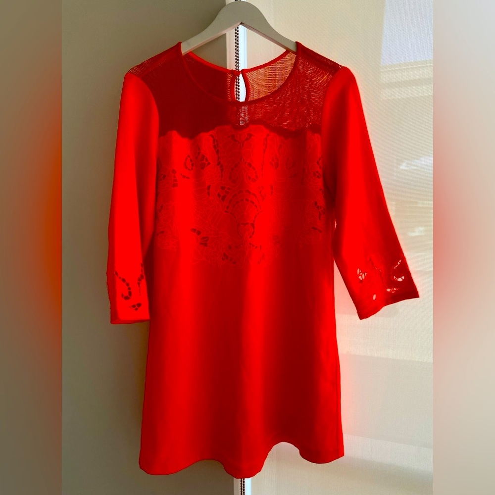 Sugarlips Bright Orange 3/4 Sleeve Dress with Embroidery Lace and Mesh Medium